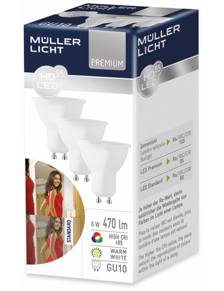 Müller-Licht LED-Lampe HD95, GU10, EEK: A+, 6 W, 470 lm, 2700 K, 3 Stück - Produktbild 2