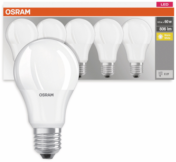 OSRAM LED-Lampe, EEK: F, E27, 8,5 W, 806 lm, 2700 K, 5er Set - Produktbild 2