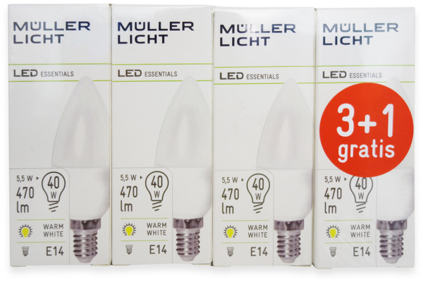 MÜLLER-LICHT LED-Lampe, Kerzenform, 400258, E14, EEK: F, 4,5W, 470 lm, 2700 K, matt, 4 Stück - Produktbild 4