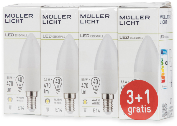 MÜLLER-LICHT LED-Lampe, Kerzenform, 400258, E14, EEK: F, 4,5W, 470 lm, 2700 K, matt, 4 Stück - Produktbild 5