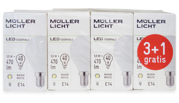 MÜLLER-LICHT LED-Lampe, Tropfenform, 400259, E14, EEK: F, 4,5W, 470 lm, 2700 K, matt, 4 Stück - Produktbild 4