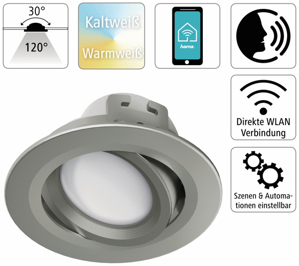 HAMA LED-Einbauleuchte WLAN, 5 W, EEK: G, 350 lm, dimmbar, Nickel satiniert - Produktbild 2