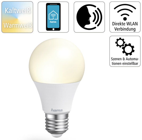 Hama LED-Lampe WLAN, E27, 10 W, EEK: G, 806 lm, weiß, dimmbar - Produktbild 2