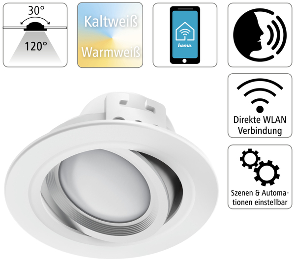 HAMA LED-Einbauleuchte WLAN, 5 W, 350 lm, dimmbar, weiß - Produktbild 2