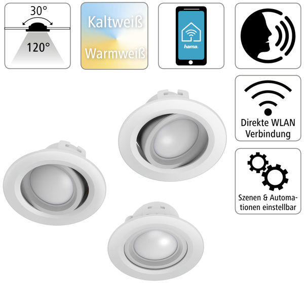HAMA LED-Einbauleuchte WLAN, 5 W, 350 lm, dimmbar, weiß, 3 Stück - Produktbild 2