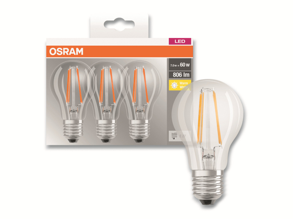 OSRAM LED-Lampe BASE CLASSIC A60, E27, EEK: E, 7 W, 806 lm, 2700 K, 3 Stück - Produktbild 3