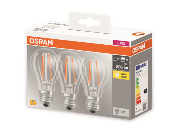 OSRAM LED-Lampe BASE CLASSIC A60, E27, EEK: E, 7 W, 806 lm, 2700 K, 3 Stück - Produktbild 4
