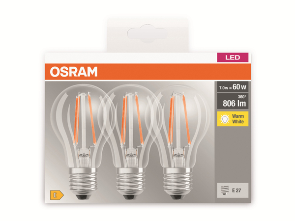 OSRAM LED-Lampe BASE CLASSIC A60, E27, EEK: E, 7 W, 806 lm, 2700 K, 3 Stück - Produktbild 5
