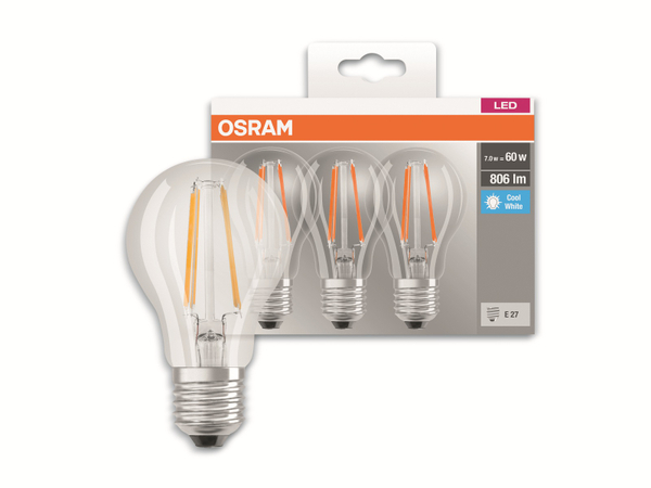 OSRAM LED-Lampe BASE CLASSIC A60, E27, EEK: E, 6,5 W, 806 lm, 4000 K, 3 Stück - Produktbild 3