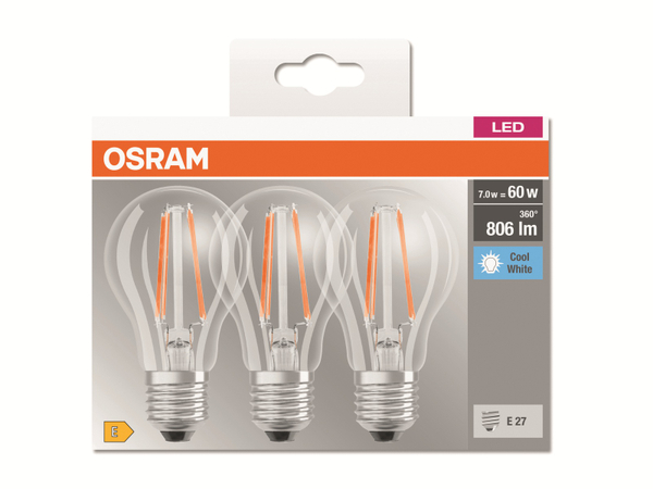 OSRAM LED-Lampe BASE CLASSIC A60, E27, EEK: E, 6,5 W, 806 lm, 4000 K, 3 Stück - Produktbild 4