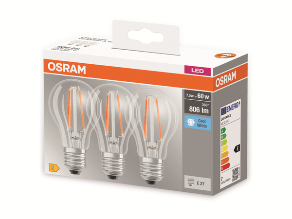 OSRAM LED-Lampe BASE CLASSIC A60, E27, EEK: E, 6,5 W, 806 lm, 4000 K, 3 Stück - Produktbild 5