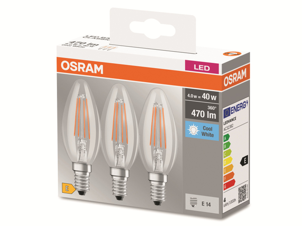 OSRAM LED-Lampe BASE CLASSIC, B40, E14, EEK: E, 4 W, 470 lm, 4000 K, 3 Stück - Produktbild 3