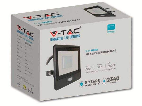 V-TAC LED-Fluter, Bewegungsmelder VT-138S-1 (20288) EEK: F, 30W, 2340 lm, 6500K, schwarz - Produktbild 9
