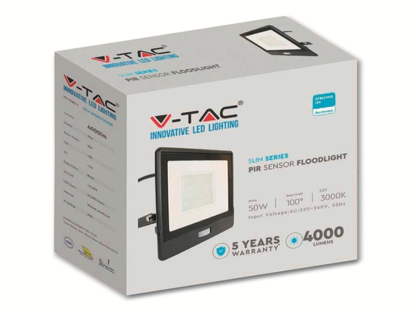 V-TAC LED-Fluter, Bewegungsmelder VT-158S-1 (20291) EEK: F, 50W, 4000 lm, 6500K, schwarz - Produktbild 7