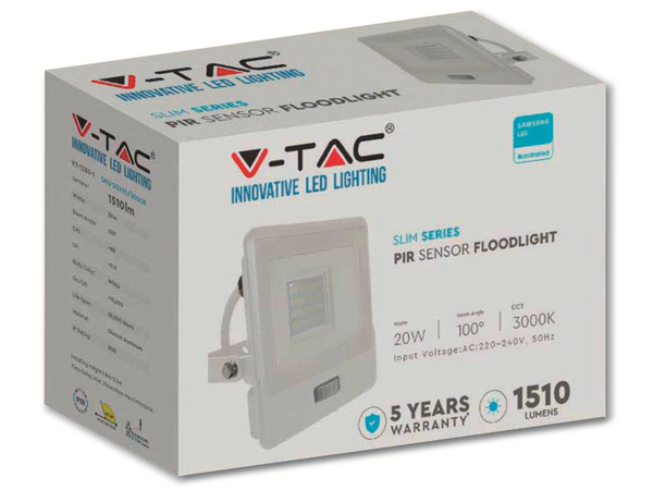 V-TAC LED-Fluter, Bewegungsmelder VT-128S-1 (20297) EEK: F, 20W, 1510 lm, 6500K, weiß - Produktbild 8
