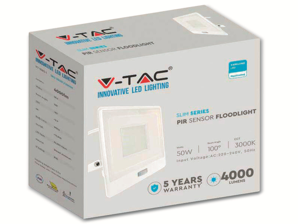 V-TAC LED-Fluter, Bewegungsmelder VT-158S-1 (20303) EEK: F, 50W, 4000 lm, 6500K, weiß - Produktbild 8