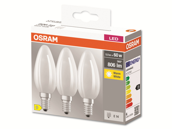 OSRAM LED-Lampe, CLA60, matt, E14, EEK: D, 5,5W, 806lm, 2700K, 3 Stk - Produktbild 2