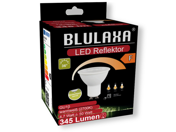 BLULAXA LED-SMD-Reflektorlampe, GU10, EEK: F, 4,7W, 345lm, 2700K