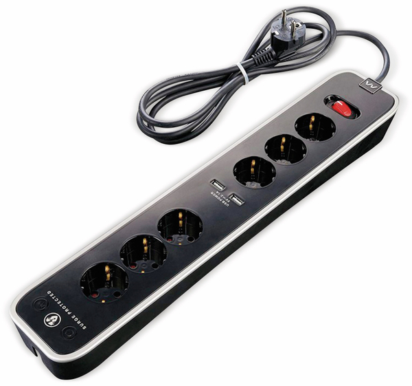 Masterplug Steckdosenleiste 6-fach,2x USB, Schalter, schwarz