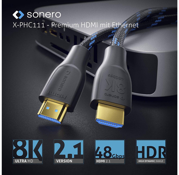 SONERO HDMI-Kabel Premium High Speed mit Ethernet, 1 m, HDMI 2.1, Nylongeflecht - Produktbild 3