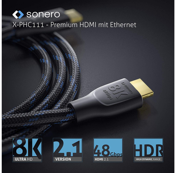 SONERO HDMI-Kabel Premium High Speed mit Ethernet, 1 m, HDMI 2.1, Nylongeflecht - Produktbild 4
