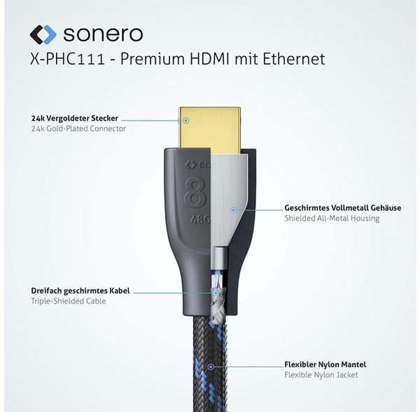 SONERO HDMI-Kabel Premium High Speed mit Ethernet, 1,5 m, HDMI 2.1, Nylongeflecht - Produktbild 2