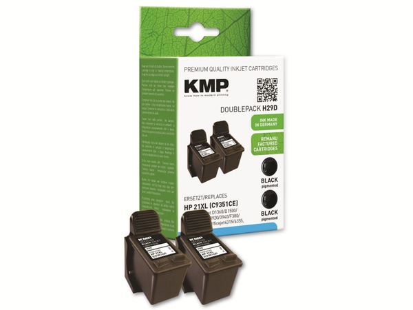 KMP Tintenpatronen-Set kompatibel für 2x HP 21XL (C9351CE), schwarz