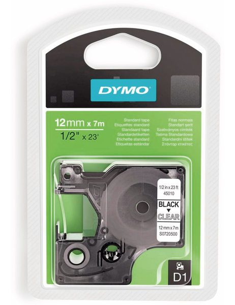 DYMO Beschriftungsband D1 für LabelManager, schwarz auf transparent, Standard, 12 mm
