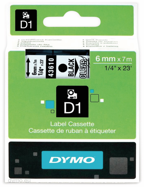 DYMO Beschriftungsband D1 für LabelManager, schwarz auf transparent, Standard, 6mm
