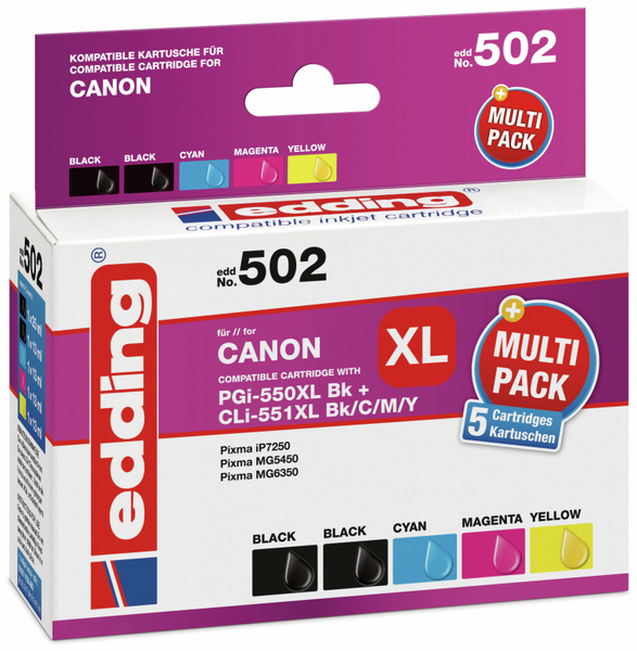 EDDING Tintenpatrone EDD-502, für Canon PGI-550XL/CLI-551XLBK/C/M/Y, Multipack 5