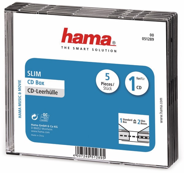 Hama CD-Leerhüllen, Slim, 5 Stück, transparent/schwarz
