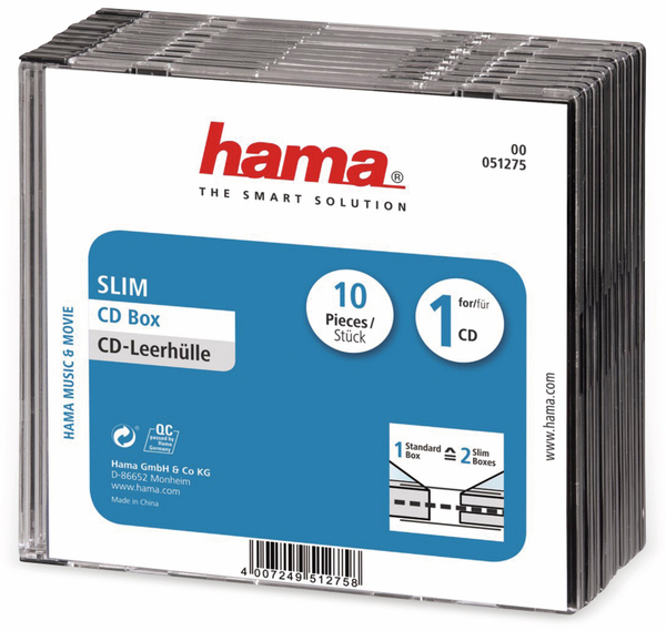 Hama CD-Leerhüllen, Slim, 10 Stück, transparent/schwarz