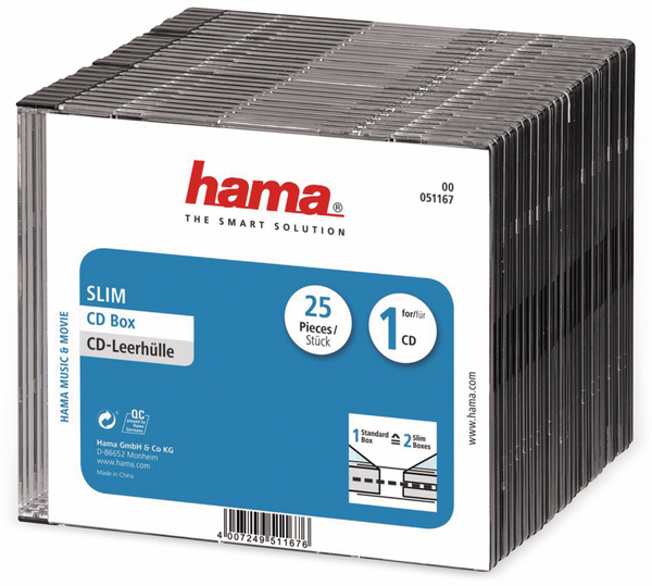 Hama CD-Leerhüllen, Slim, 25 Stück, transparent/schwarz
