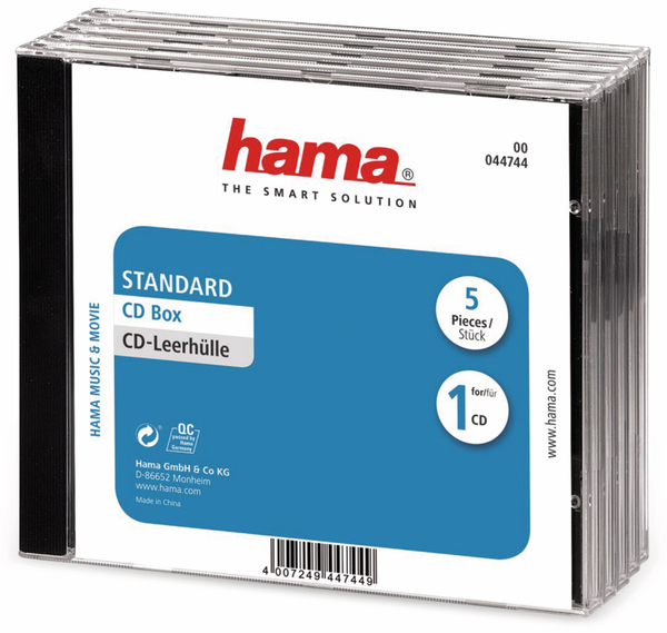 Hama CD-Leerhüllen, Standard, 5 Stück, transparent/schwarz