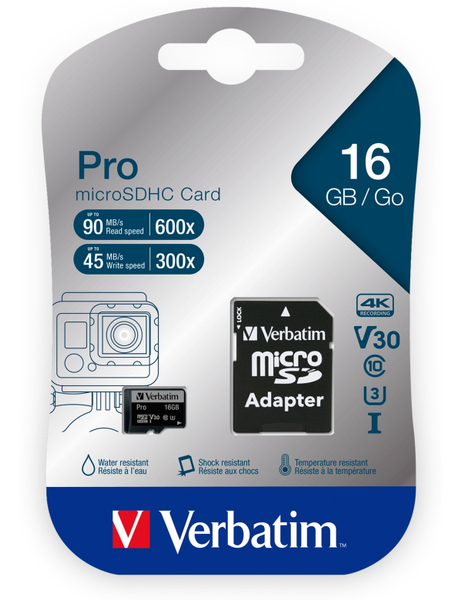 MicroSDHC Card VERBATIM Pro, 16 GB, Class 10, inkl. Adapter - Produktbild 2