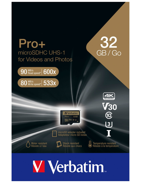 Verbatim MicroSDHC Card Pro+, 32 GB, Class 10, inkl. Adapter - Produktbild 2