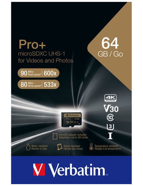 Verbatim MicroSDXC Card Pro, 64 GB, Class 10, inkl. Adapter - Produktbild 2