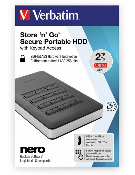 VERBATIM USB3.0 HDD Secure Portable, Keypad, 2 TB, schwarz - Produktbild 2