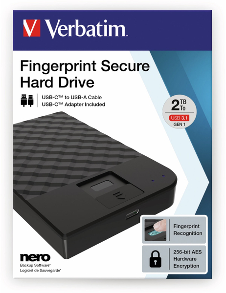 Verbatim USB3.0 HDD Secure Portable, Fingerprint, 2 TB, schwarz - Produktbild 2