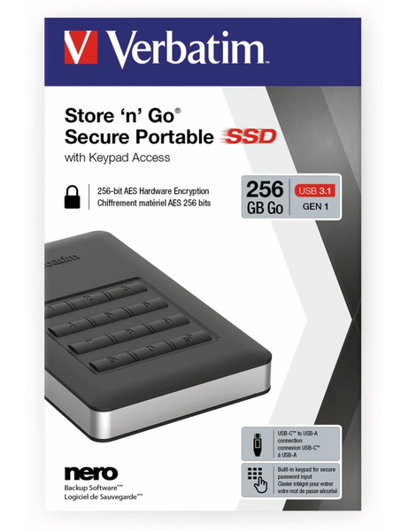 Verbatim Externe SSD Secure Portable, Keypad, 256 GB - Produktbild 2