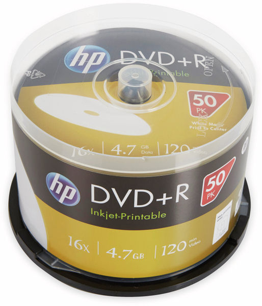 HP DVD+R 4.7GB, 120Min, 16x, Cakebox, 50 CDs bedruckbar