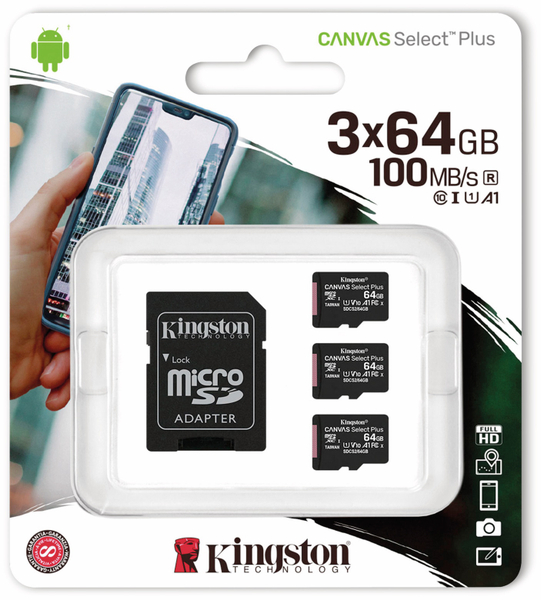 KINGSTON MicroSD-Card Canvas Select, Plus, 64GB, 3er Pack
