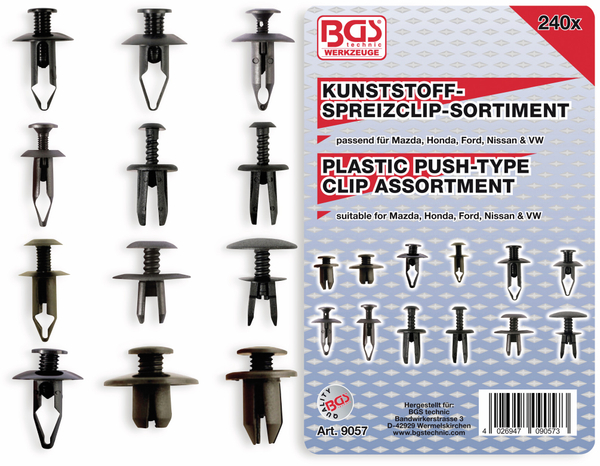 BGS TECHNIC KFZ-Kunstoffspreizclip-Set, 9057, Mazda, Honda Ford, Nissan, VW, 240-tlg