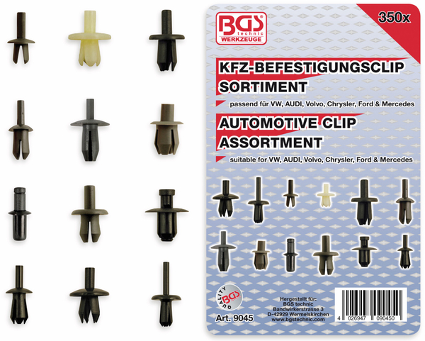 BGS TECHNIC KFZ-Befestigungsclip-Set, 9045, VW, Audi, Volvo, Chrysler, Ford, Mercedes, 350-tlg