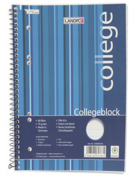 College-Block LANDRÉ 100050578, DIN A5+, liniert, 80 Blatt