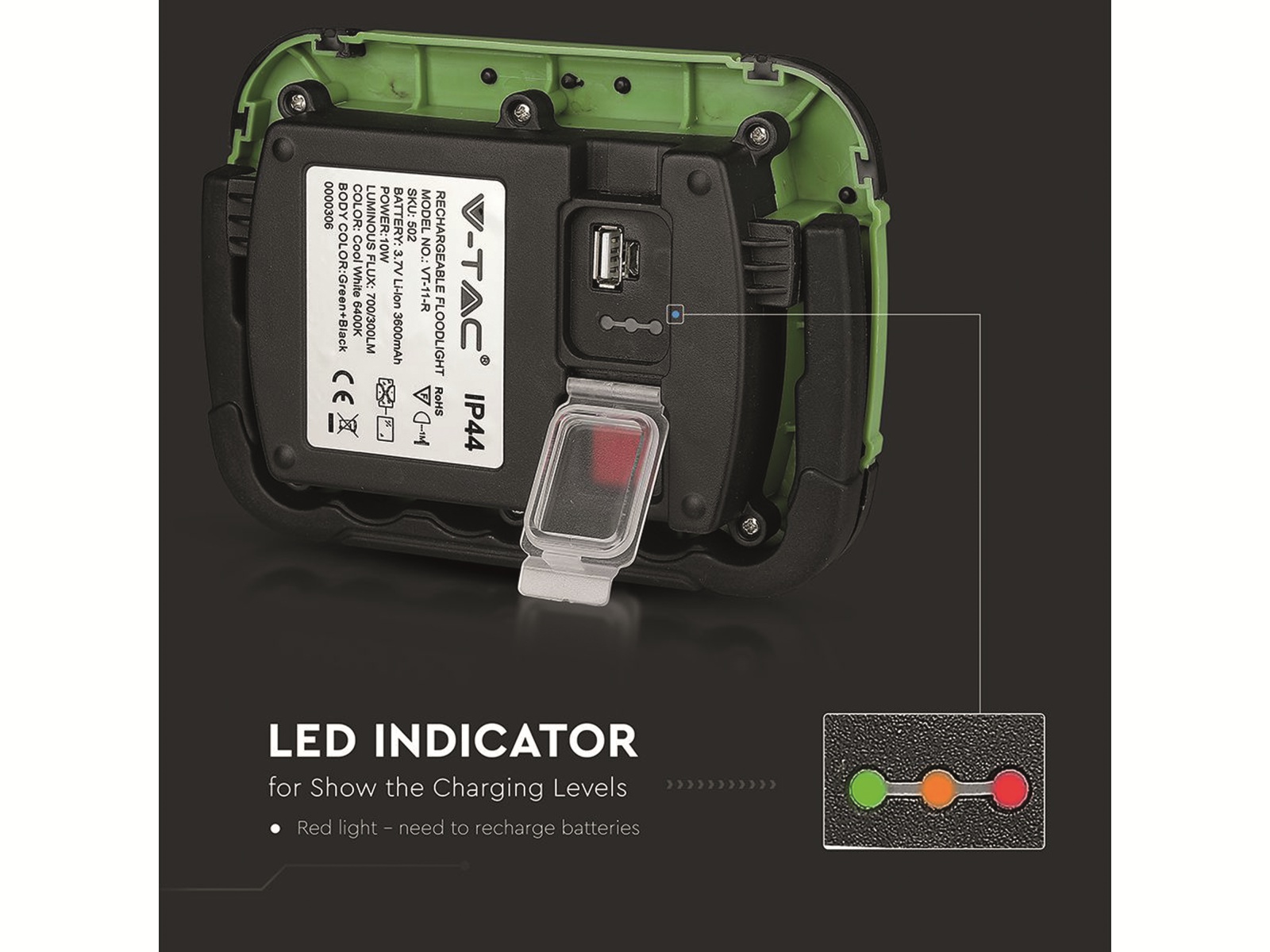V-TAC LED-Fluter VT-11-R, 10 W, 700 lm, 6400 K, Akkubetrieb, grün/schwarz