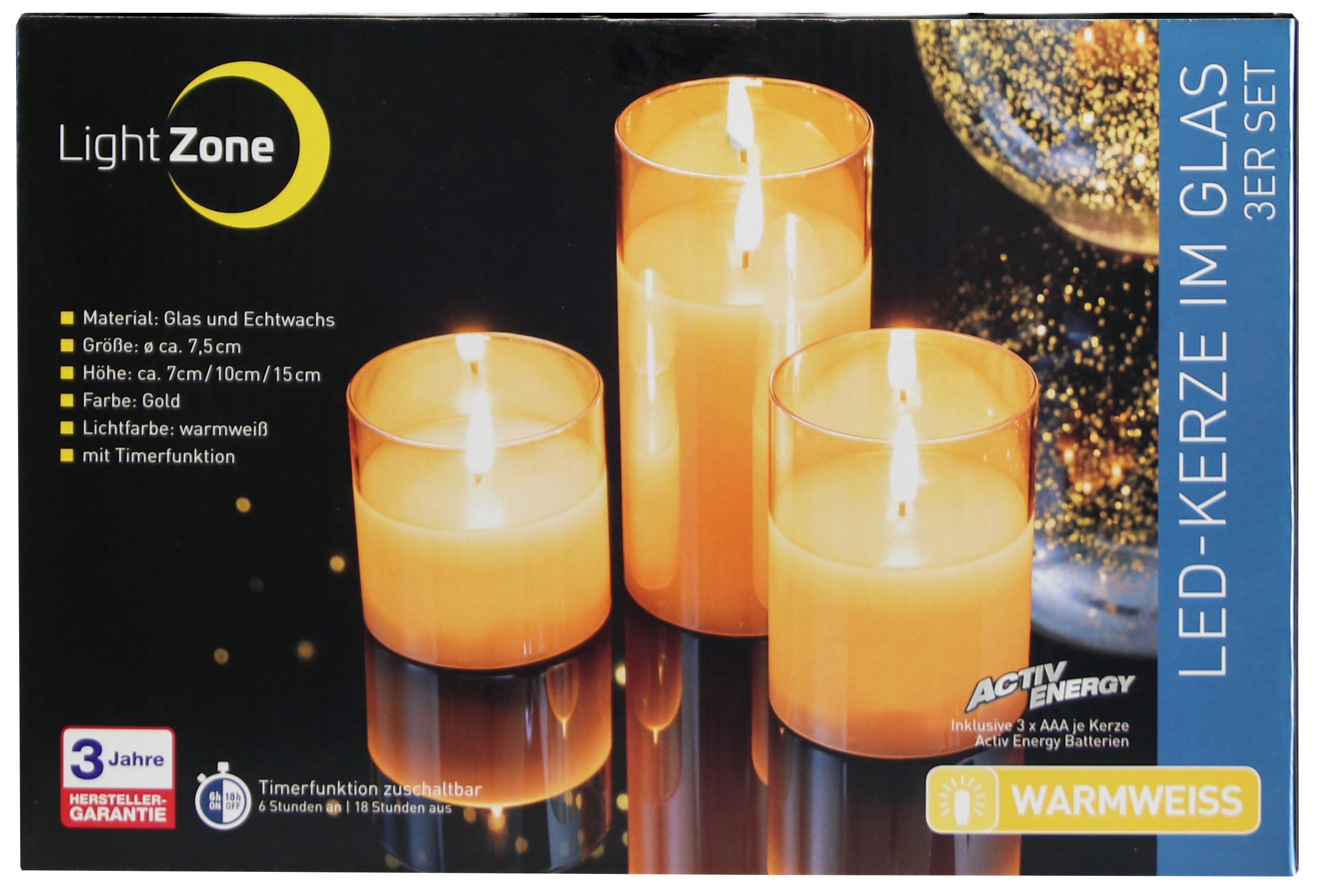 LED-Echtwachskerze, Glas, mit Timer, 3 Stück, gold