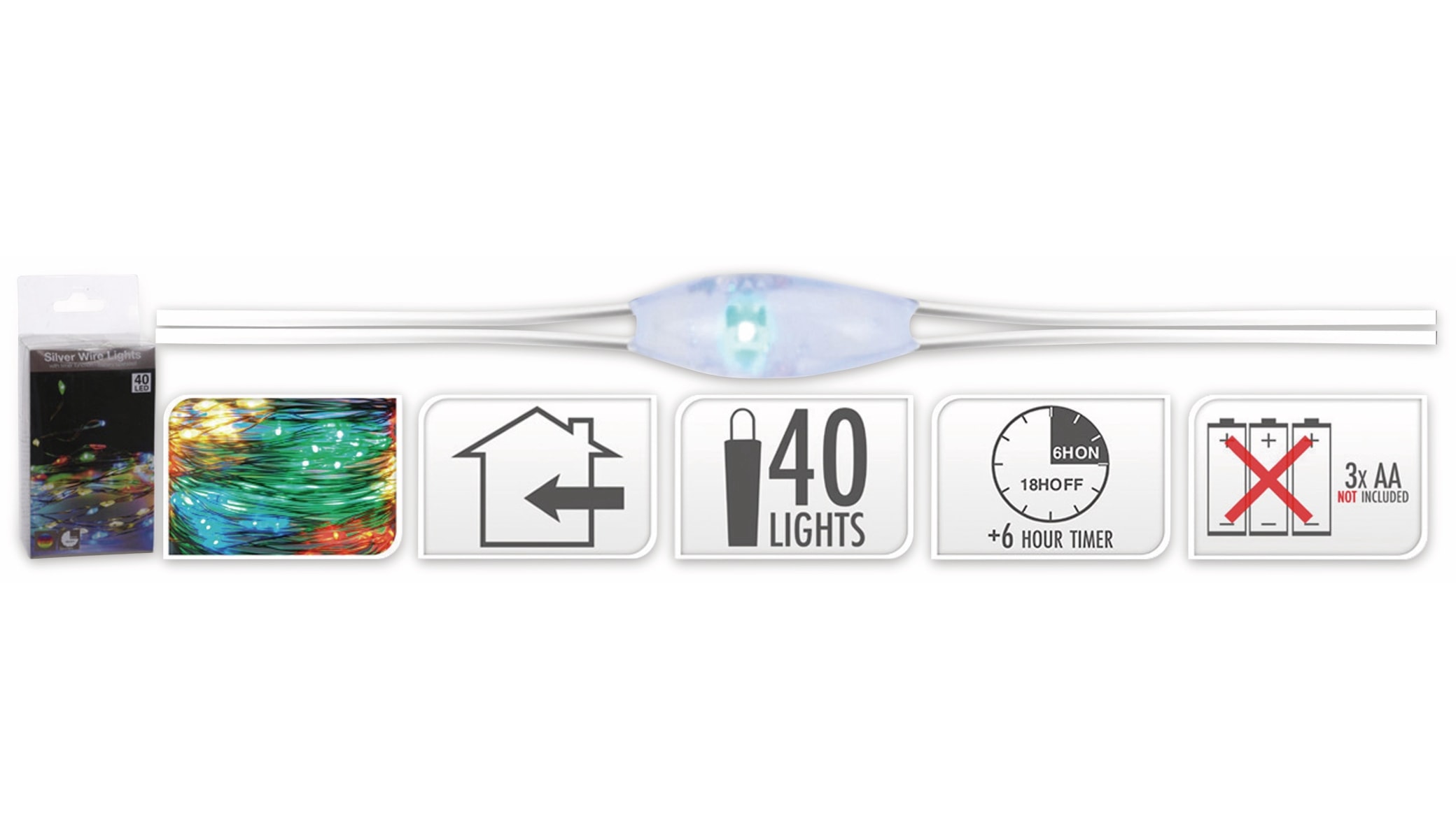 LED-Lichterkette, Silberdraht, 40 LEDs, bunt, Batteriebetrieb, Timer