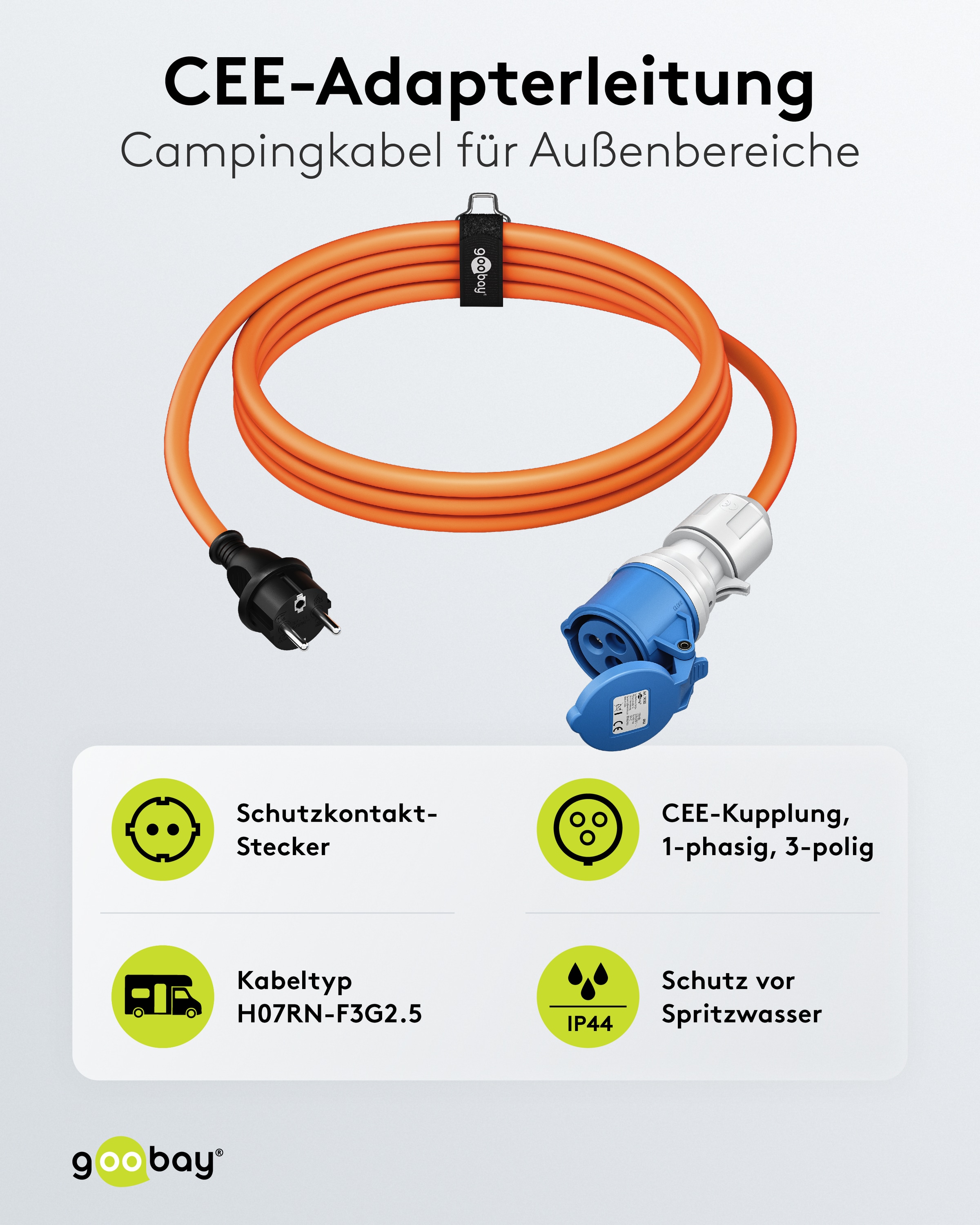 GOOBAY CEE-Adapterkabel 76219, 5 m, Stecker zu Schutzkontakt Stecker GOOBAY CEE-Adapterkabel 76219, 5 m, Stecker zu Schutzkontakt Stecker