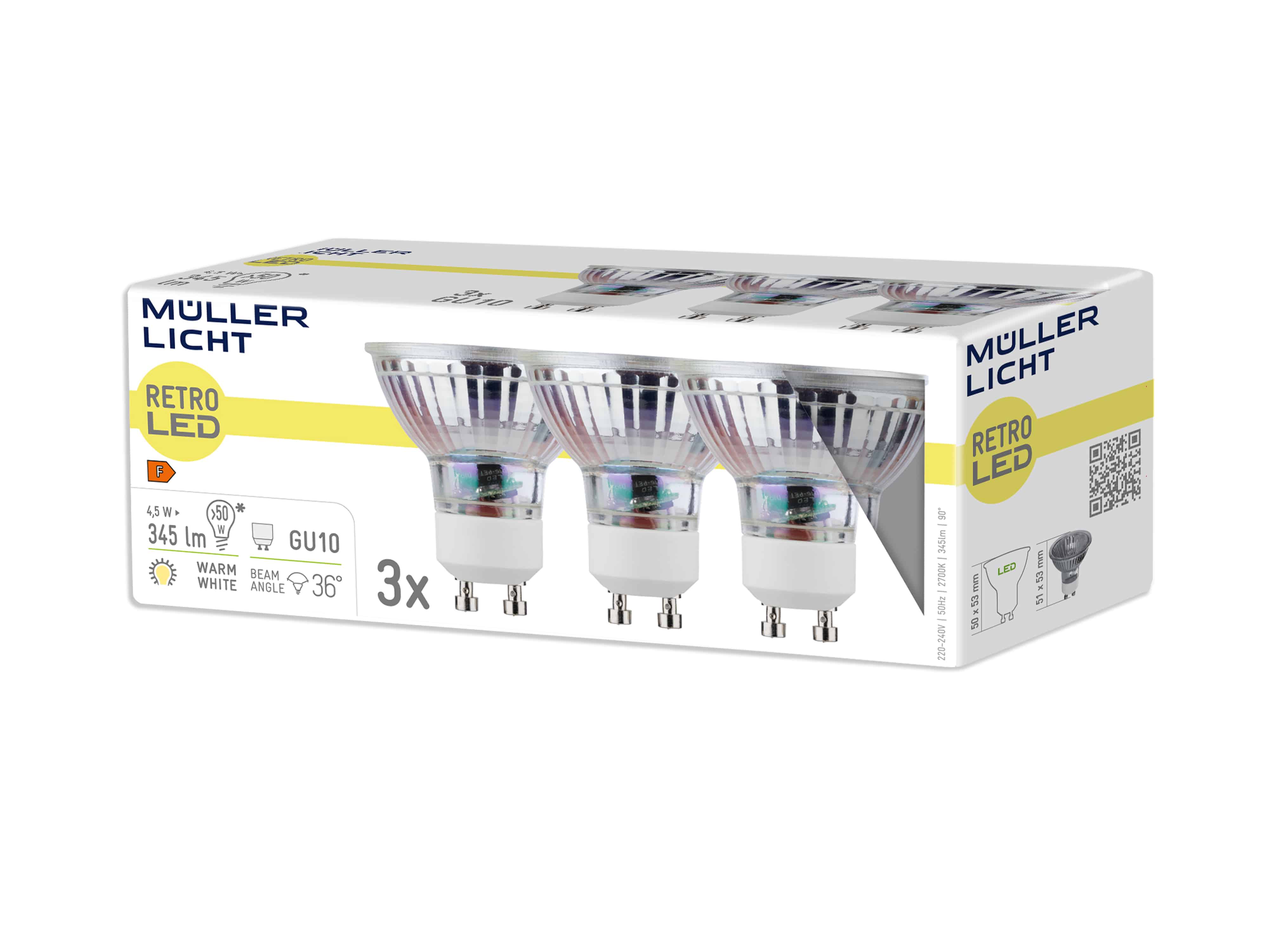 MÜLLER-LICHT LED-Reflektorlampe, GU10, EEK: G, 4,5W, 345lm, 2700K, 3 Stk